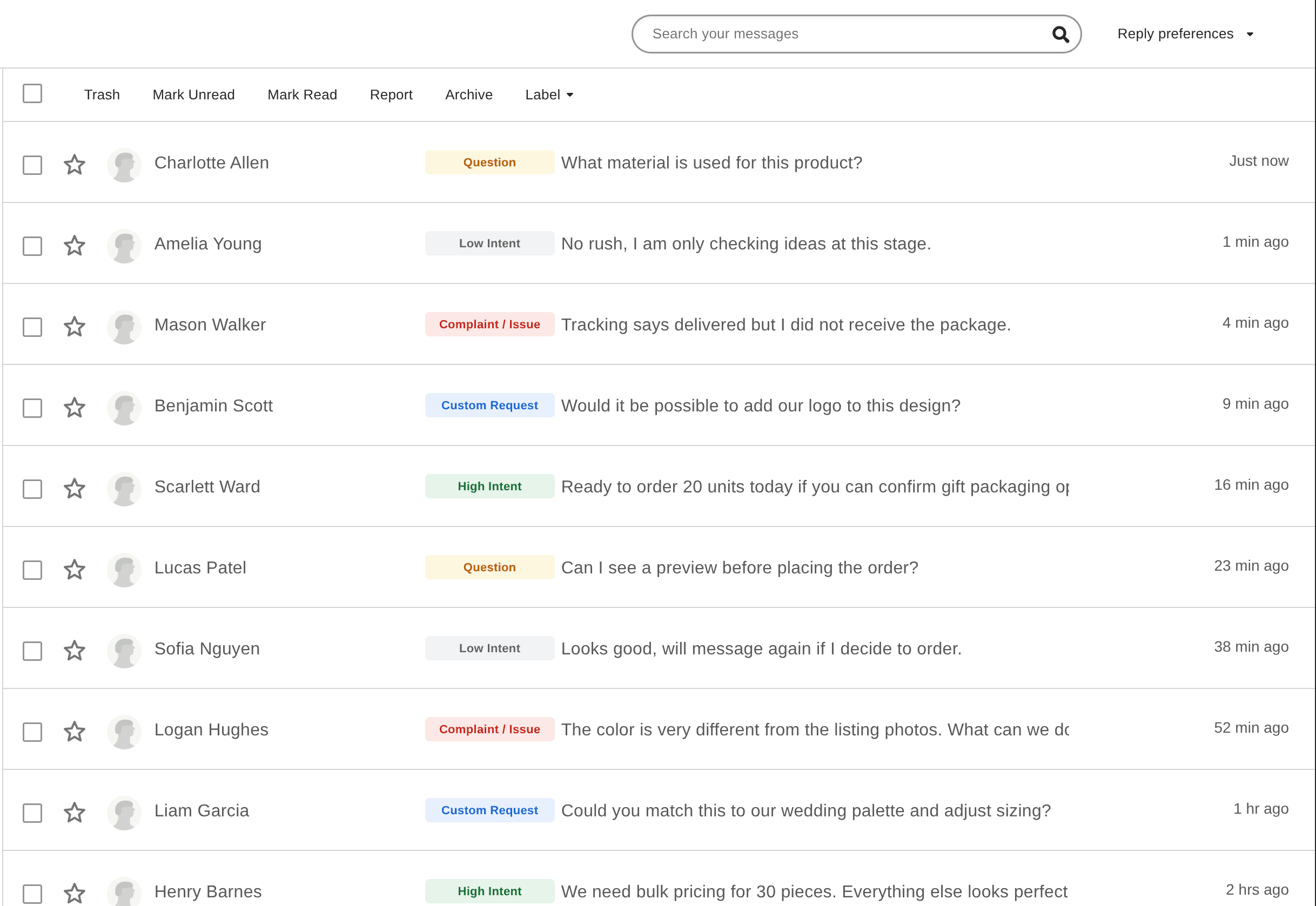 Etsy Messages inbox showing SellMate intent badges next to each conversation preview